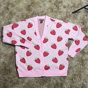 Hot Topic Pink Strawberry Button-Front Woman’s Cardigan Oversized Fit